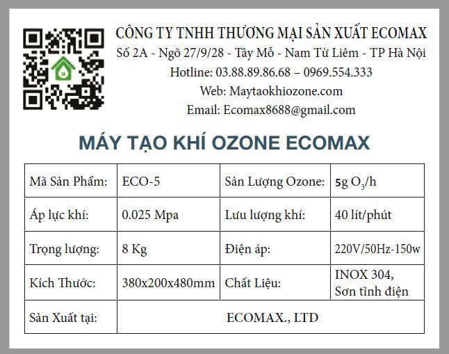 Máy ozone 5g xử lý nước ECO-5 – Máy ozone sục nước khử độc diệt khuẩn 6 thông số kỹ thuật máy ozone 5g/h Ecomax