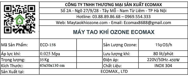 thong so ky thuat may tao khi ozone 15g ECO 15S