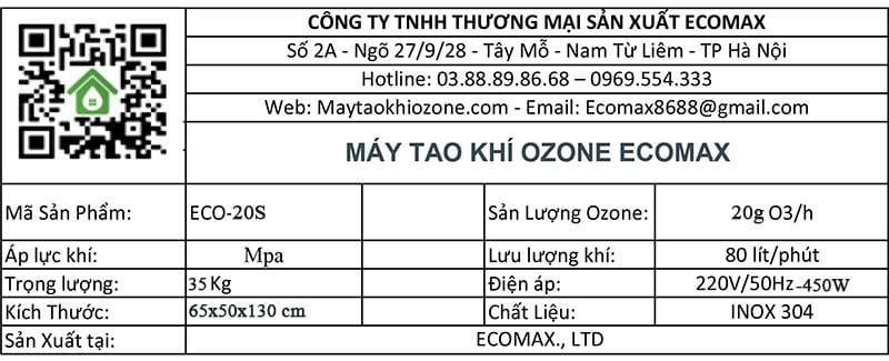 thong so ky thuat may tao khi ozone 20g ECO 20S