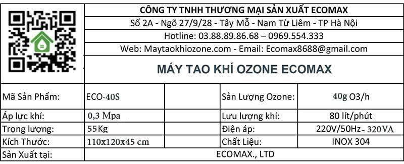 thong so ky thuat may tao khi ozone 40g ECO 40S