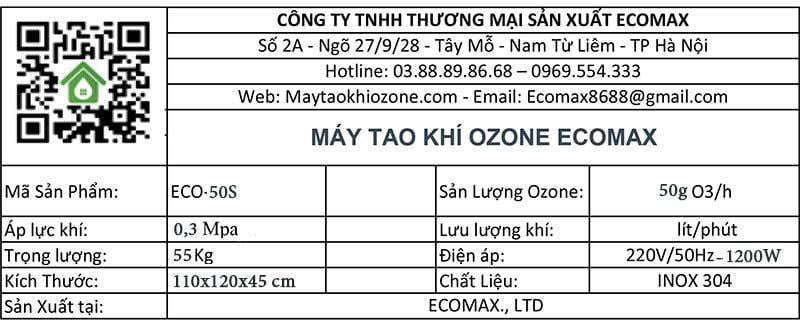 Máy ozone công nghiệp ECO-50S công suất 50g/h 4 thong so ky thuat may tao khi ozone 50g ECO 50S