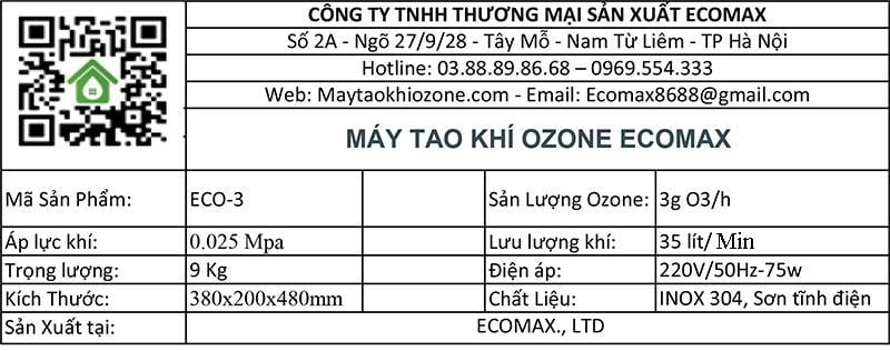 Máy ozone 3g xử lý nước ECO-3 – Máy Ozone diệt khuẩn khử độc 5 thong so ky thuat may tao khi ozone 3g 1