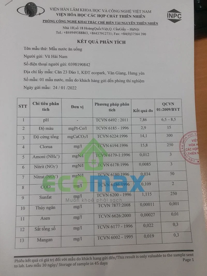 Hệ thống lọc nước tổng sinh hoạt cao cấp cho căn hộ 5 cấp lọc 15 ket qua xet nghiem nuoc sau loc ecomax
