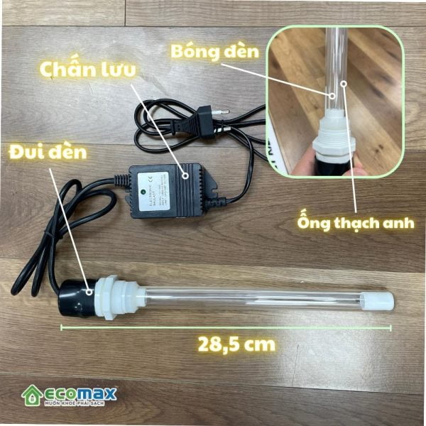 Đèn diệt khuẩn không khí, nước bóng 12w x 28,5cm 2 chi tiet bo phan den uv nhung nuoc 12w