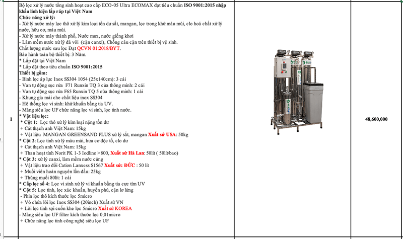 Báo giá máy lọc nước đầu nguồn tổng sinh hoạt ECO-05 Ultra Ecomax