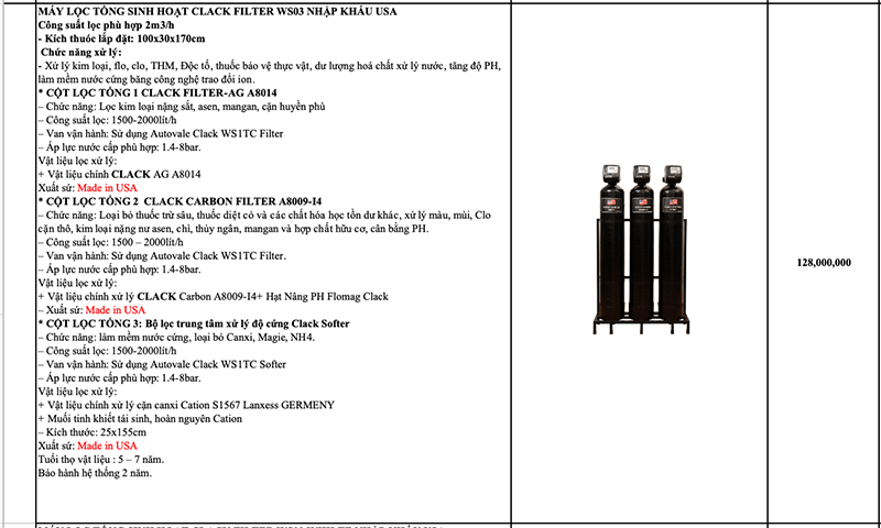 báo giá lọc tổng biệt thự đầu nguồn Clack USA nhập khẩu Mỹ