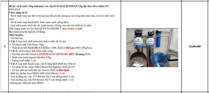 Báo giá máy lọc nước tổng sinh hoạt đầu nguồn 2 cấp lọc ECO-02AI