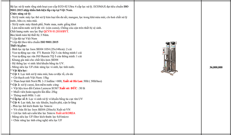 Giá bộ lọc nước đầu nguồn ECO-02 Ultra Ecomax