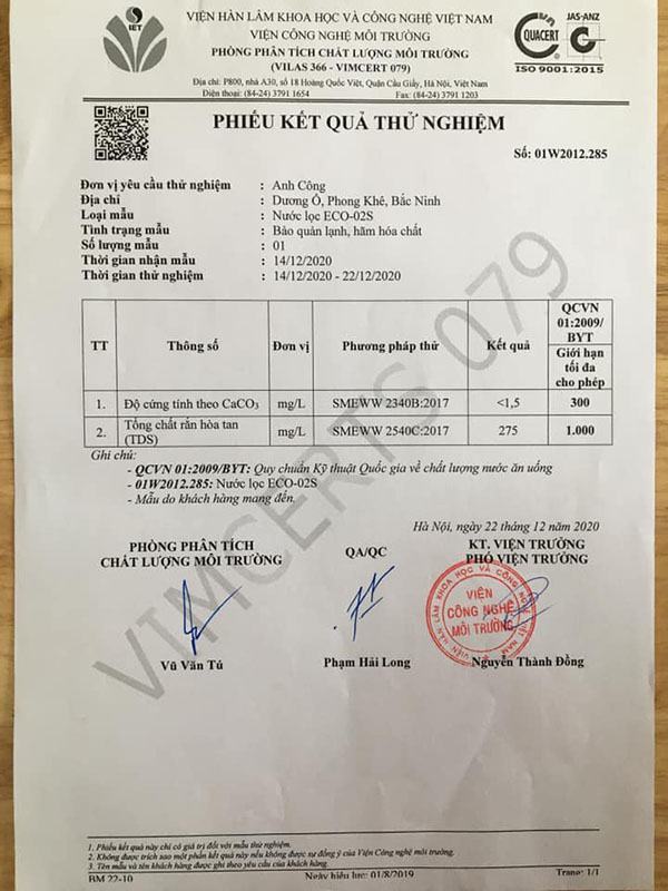 Bộ làm mềm nước Công suất 3m3/h ECO-02S Phục vụ sản xuất giấy tại Bắc Ninh 4 Kết quả xét nghiệm nước