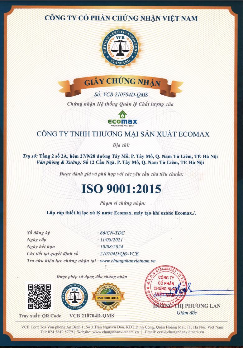 Ecomax Vinh dự đón chứng nhận ISO 9001:2015 do tổ chức chứng nhận Việt Nam Cấp 1 chung nhan iso 9001 - 2015 ecomax