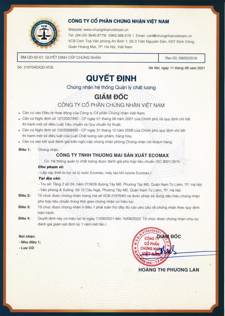 Ecomax Vinh dự đón chứng nhận ISO 9001:2015 do tổ chức chứng nhận Việt Nam Cấp 3 quy dinh cap chung nhan iso